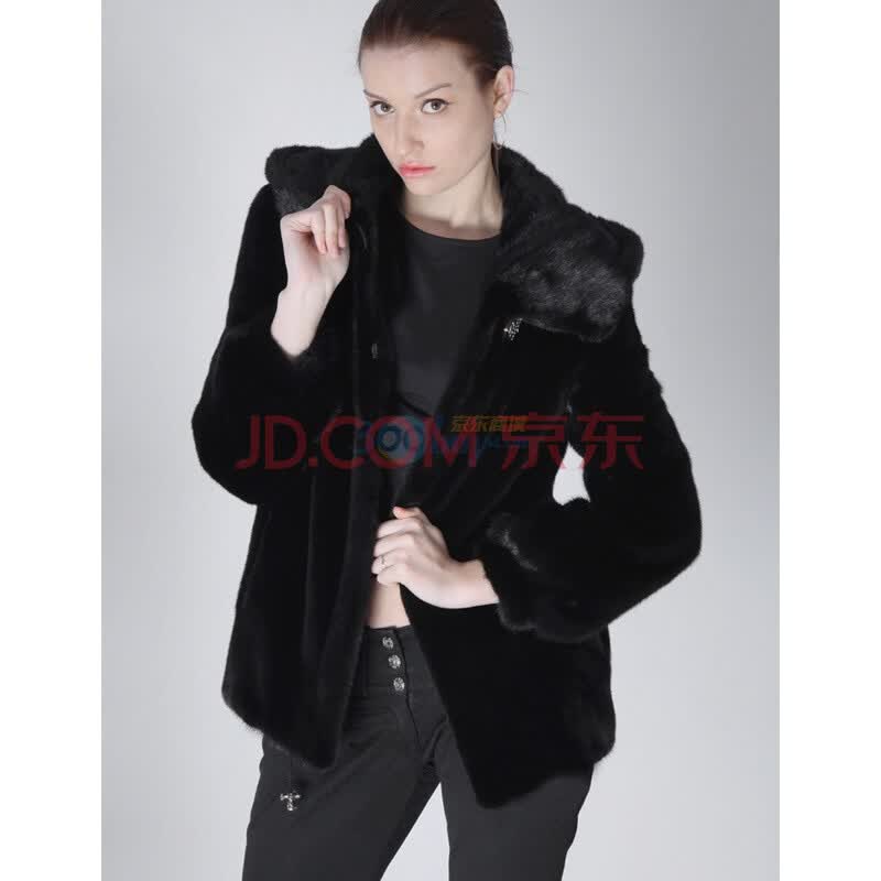 【进口水貂皮短款连帽<em>女士</em>大衣黑色<em>M码</em>】AK