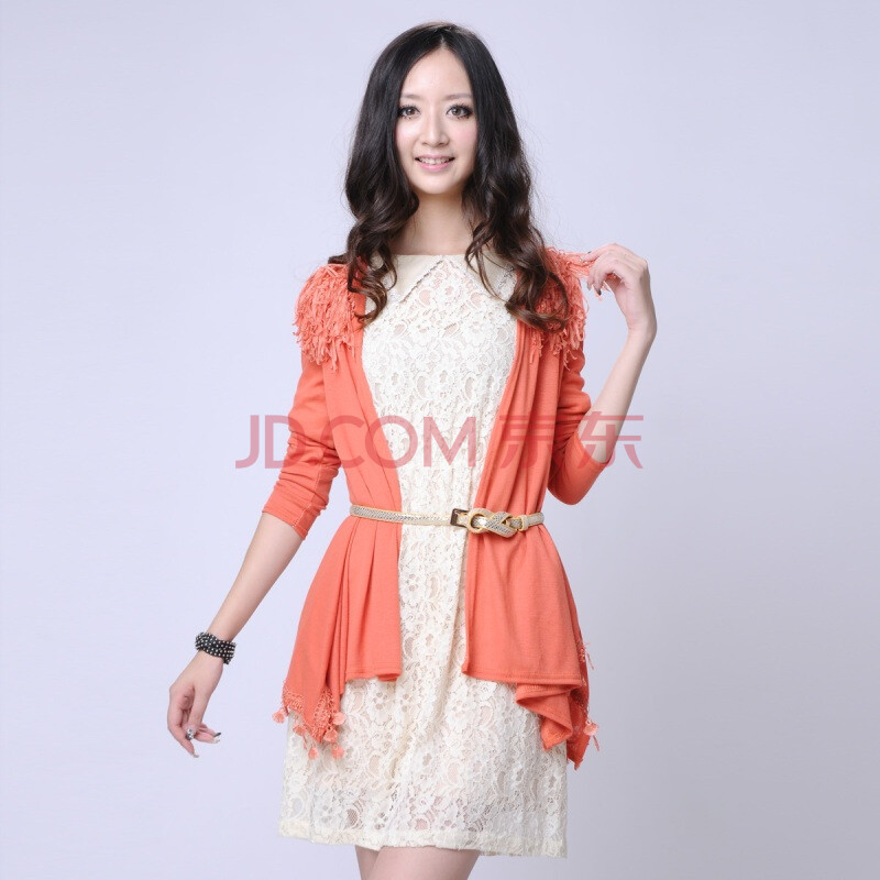 宋雪搜罗 桔色肩带流苏装饰针多穿<em>织开衫</em> 华丽