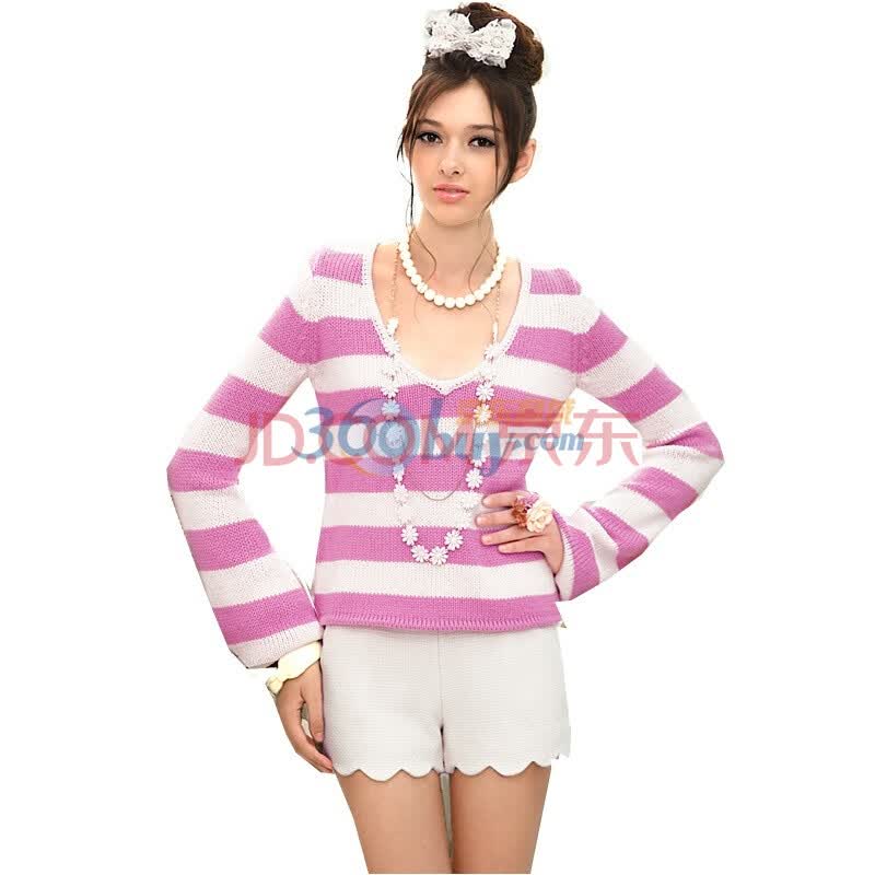 【8折】粉红大布娃娃 玫红<em>白条纹</em>甜美<em>v领</em>喇叭