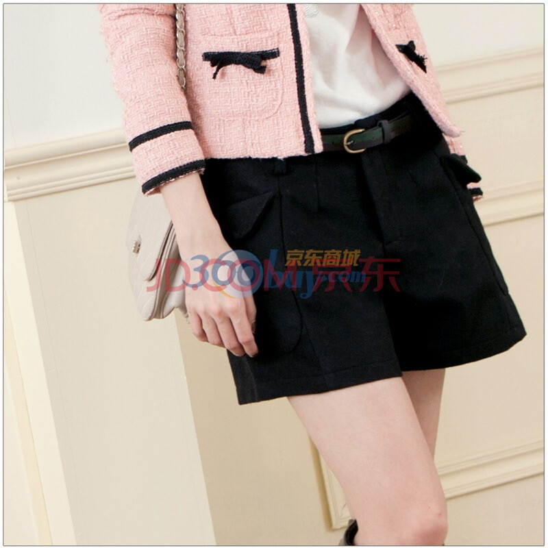 MAYUKI 百搭修身裤子毛呢<em>短裤</em>附撞色<em>皮带</em>102