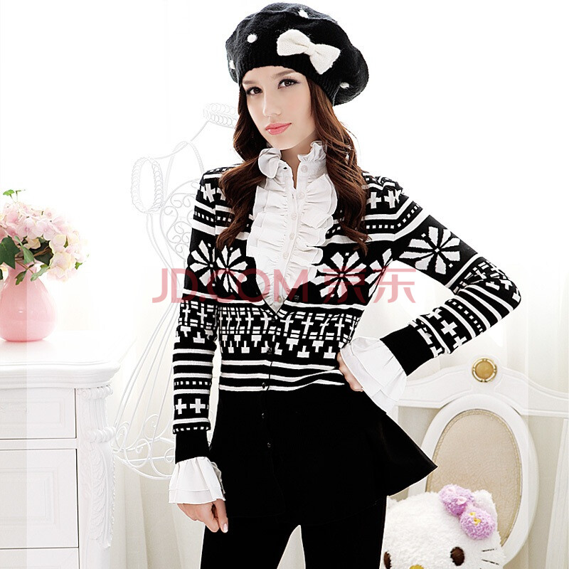 粉红大布娃娃 <em>黑配白</em>波普雪花针织<em>开衫</em> <em>黑色</em> S