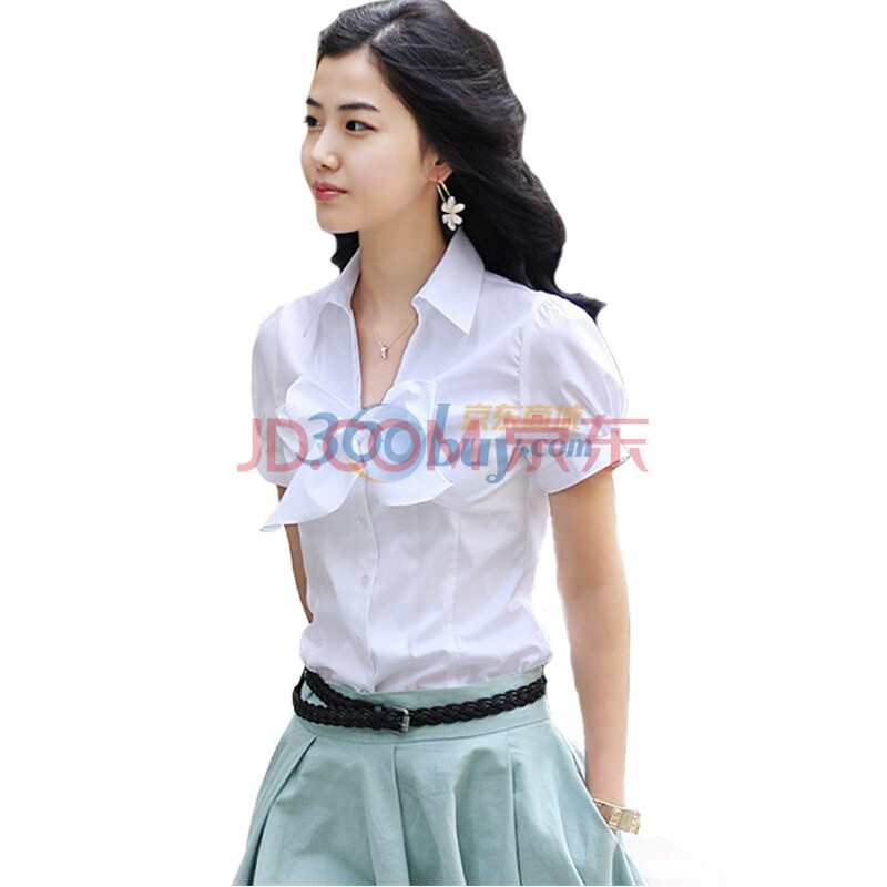 EyesonU 韩版淑女新款蝴蝶结气质短袖衬衫 09014 白色 XL
