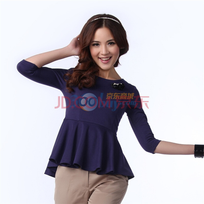 KR纯色圆领波浪摆七分袖淑女T恤T005 紫色 XL