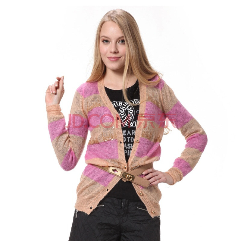 <em>欧时力Ochirly</em>秋冬啡红<em>条纹</em>马海V领长袖开衫毛