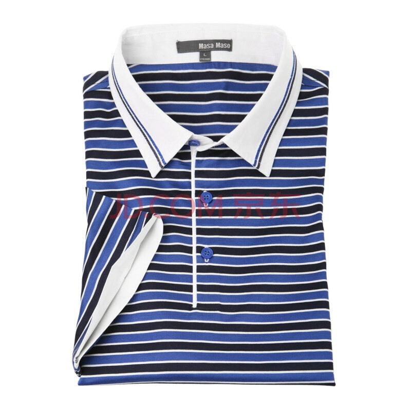 MasaMaso玛萨玛索 T恤蓝黑白色条纹翻领商务