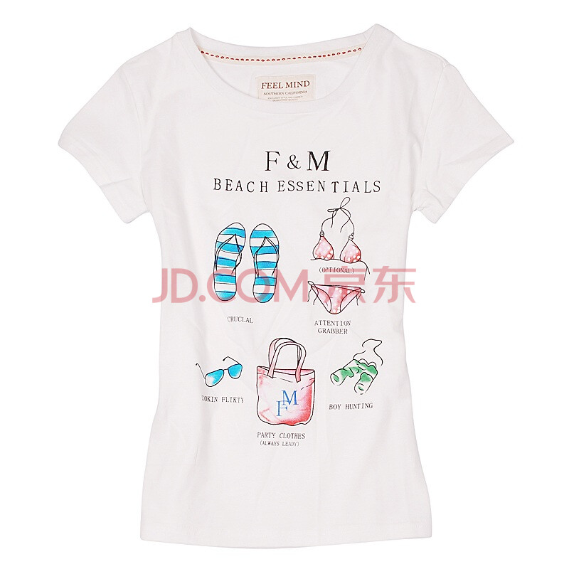 【FEEL MIND】女装圆领时尚生活拼图短袖T恤 62-11501 白色 M
