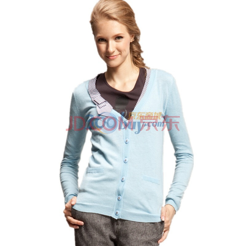 LILY新春新款 V领 拼接条纹领<em>淑女</em>长袖针织衫