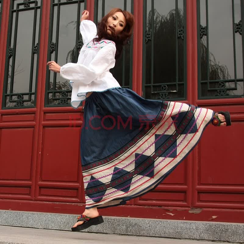 裂帛 新款半身裙 拼色牛仔裙 <em>大摆长裙子</em> 听海4