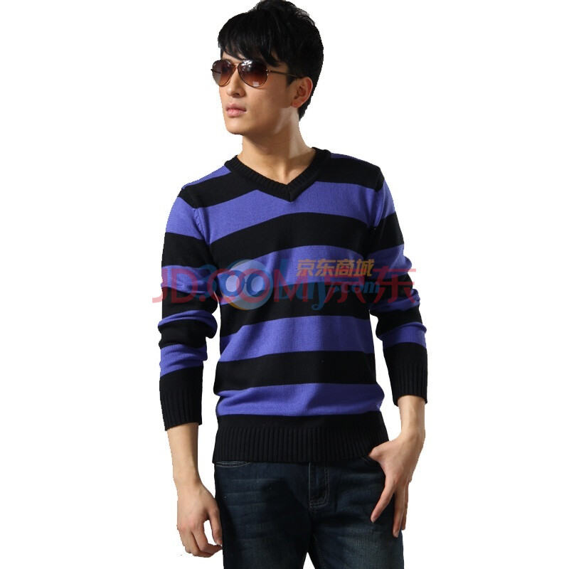 OBM 新款纯棉V领<em>条纹男士毛衣</em>036 黑紫条纹