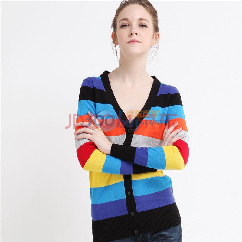 唐狮tonlion女彩色长袖条纹针织衫开衫111321045501 黑色 s图片