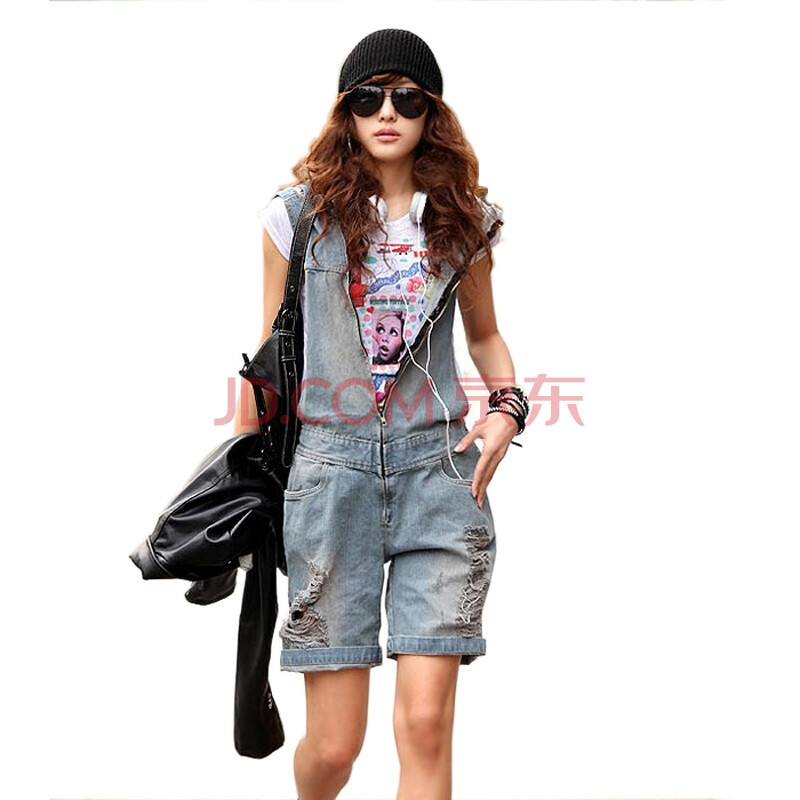 韩都衣舍 韩国<em>短裤秋装</em>新款磨破背带<em>牛仔</em>女短