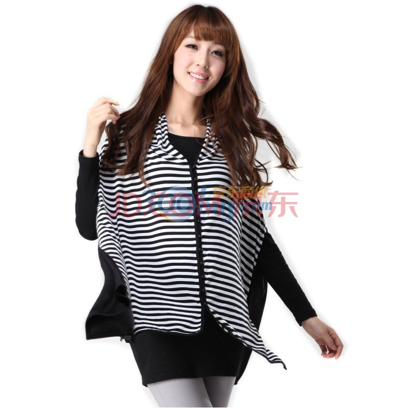 自由契约 黑白<em>条纹针织</em>衫<em>开衫蝙蝠袖</em>棉质三种