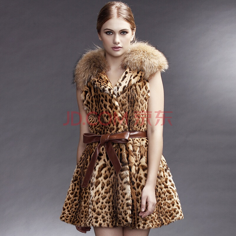 希荷 豹纹皮草2011新款 貉子毛领<em>貂皮马甲</em>貂毛