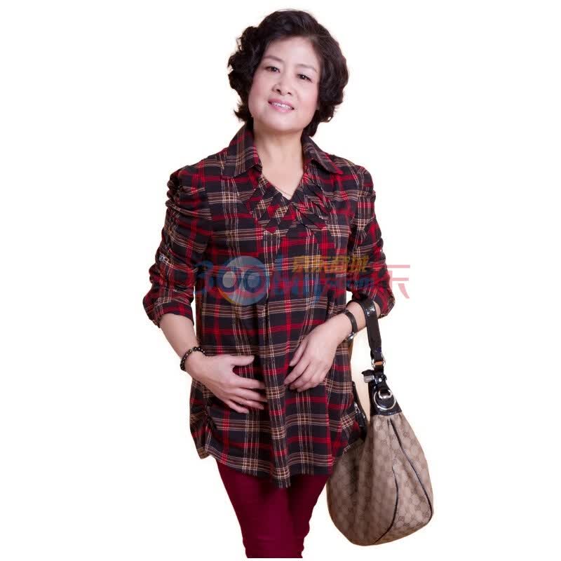 新橙美依中老年女装中长款格子衬衫春秋<em>服装</em>大