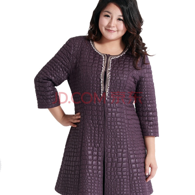 慕姗·诗怡MSSHE 加大码女装2012冬装新款胖人欧美显瘦无领长款外套棉服0571 紫色 XL图片