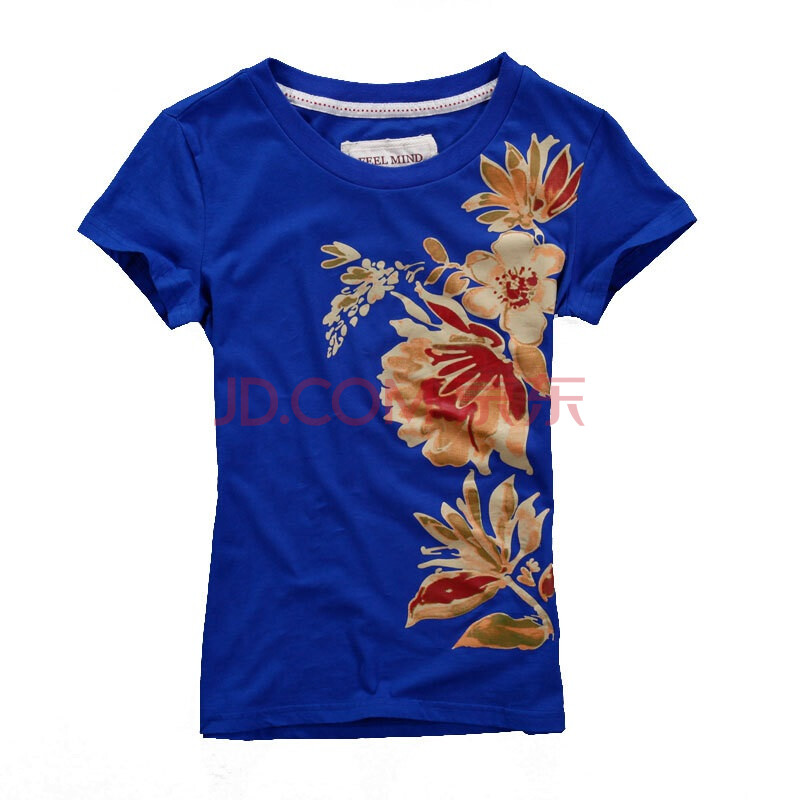 【FEEL MIND】女装圆领美式田园风格印花短袖T恤 62-10507 蓝色 M
