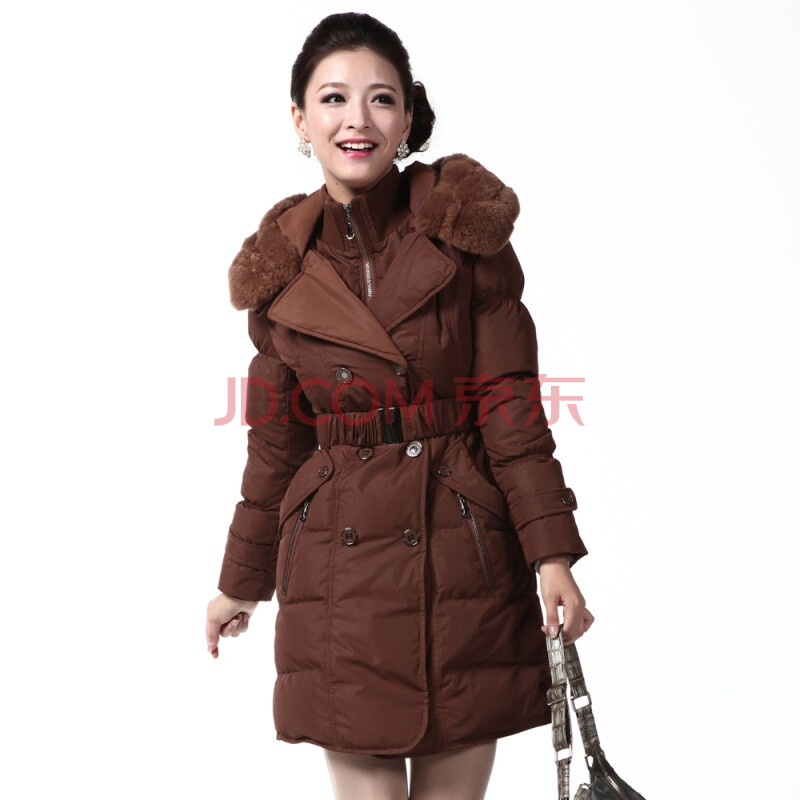 2011新款 <em>雪中飞羽绒服</em> 女后开叉毛帽休闲中款