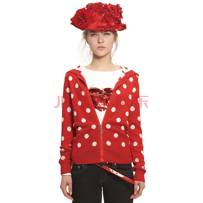 淑女屋 秋装波点红色<em>带帽针织开衫</em>外套AYW01