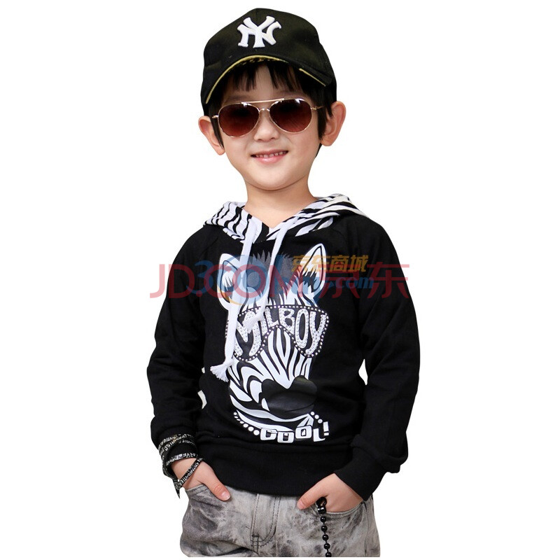 绿盒子童装男童爱制造2012冬款时尚斑纹连帽衫 白\/黑 双色 MW110354 黑色 100图片