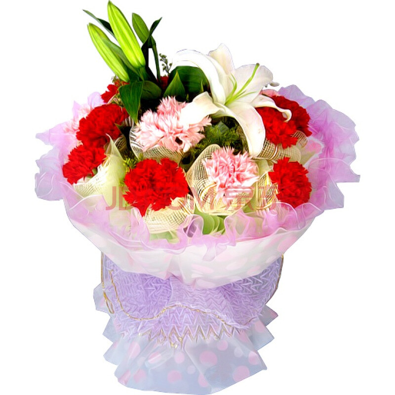 七彩鲜花 祝愿 9朵红康6朵粉康1枝白色百合 送