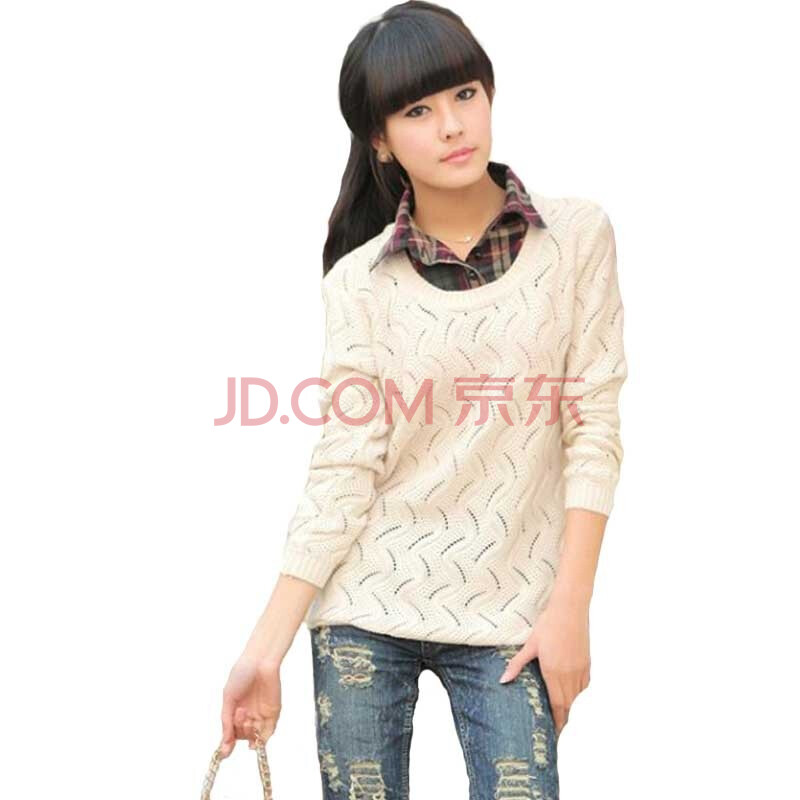 eyesonu 假两件套镂空<em>毛衣衬衫</em>领休闲<em>外套</em>针织