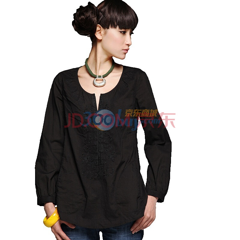 裂帛 女装 新款 春装单色绣花长袖衬衫 白水22120019双色 黑色 XL'