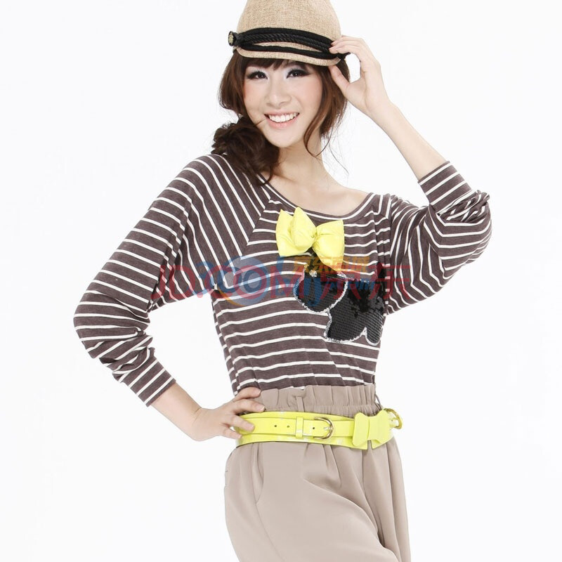 蒂蒂卡娜/TT.COLOR 2012新款 女装 秋装 百搭条纹宽松甜美小猫印花T恤 T21 咖色条纹 M