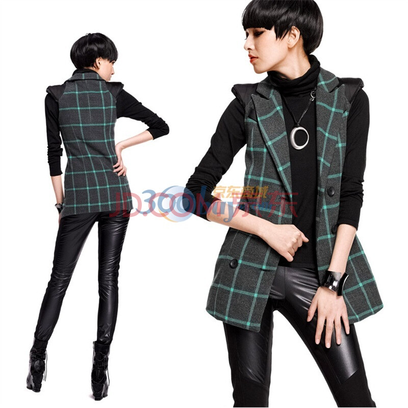 HERMIX 无袖毛呢大衣 格子英伦风 <em>时尚马甲</em>风