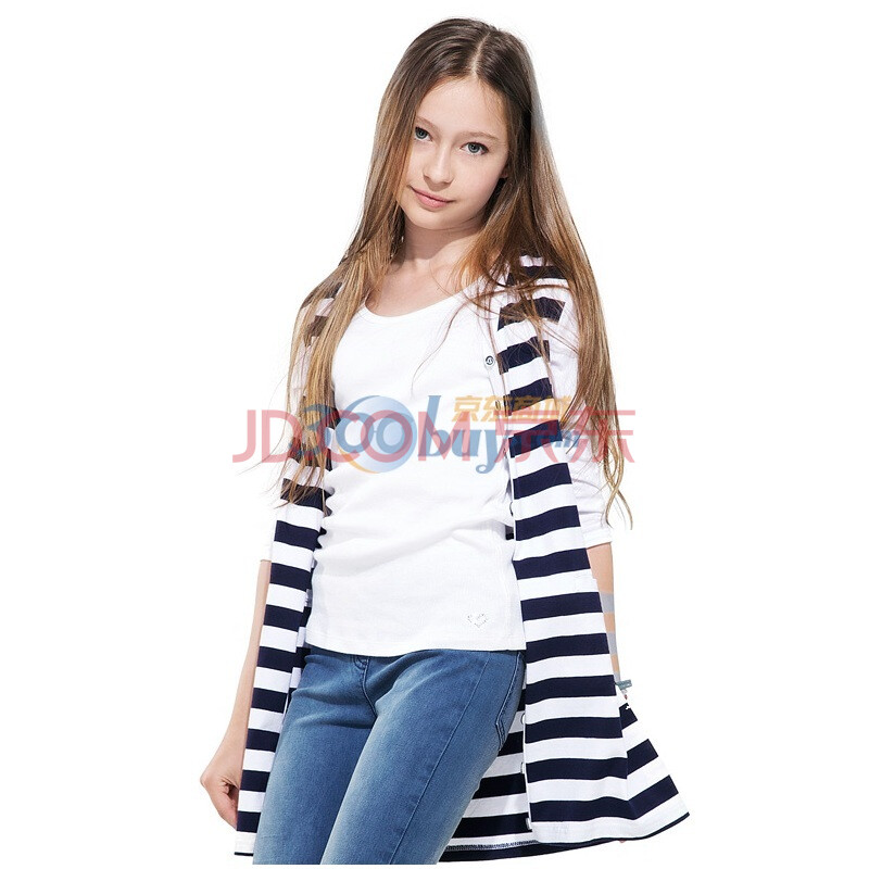 yooknet<em>女童七分袖</em>条纹开衫 海军蓝条纹 混色 