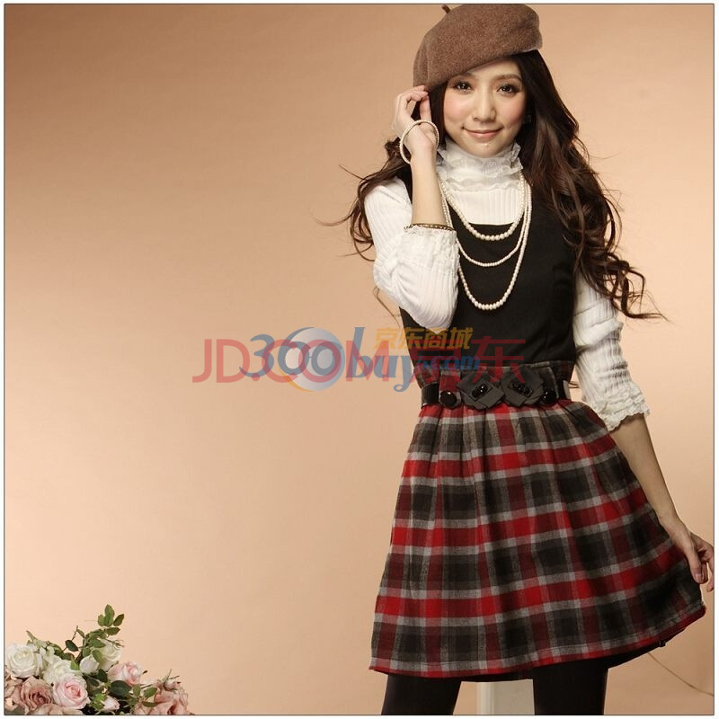 MAYUKI<em>品牌</em>☆俏丽<em>秋冬背心裙</em>☆花朵腰封格纹