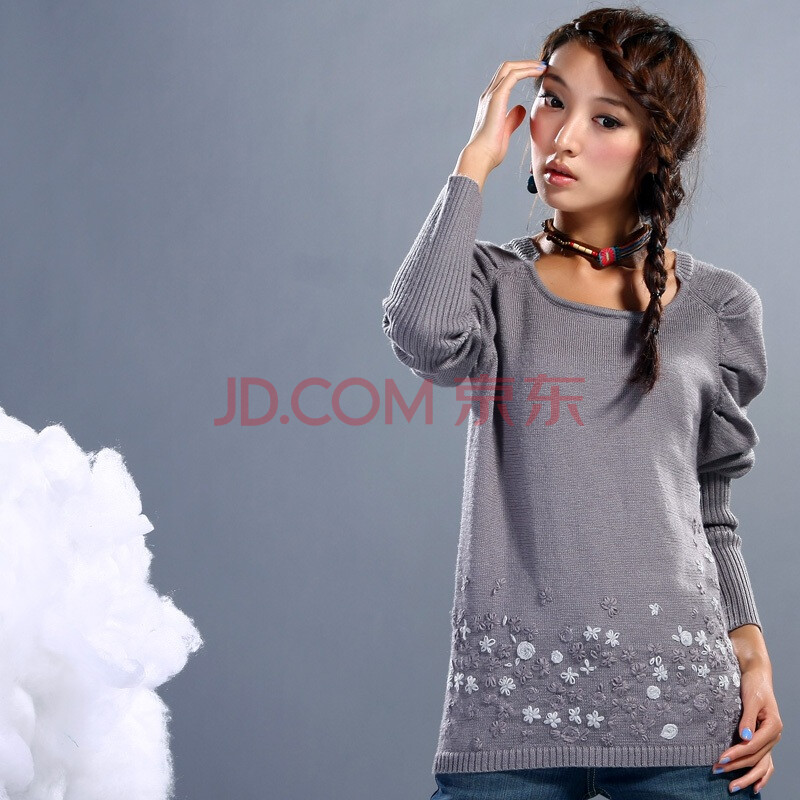 裂帛 女秋装<em>中长款</em>圆领绣花<em>套头针织毛衣</em> 落花
