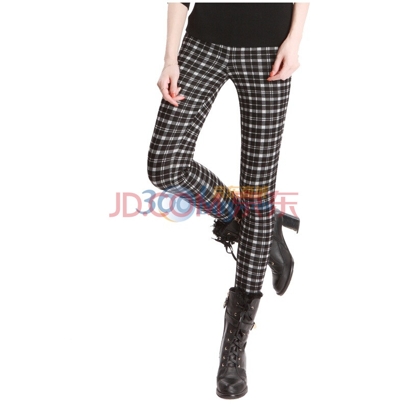 O.SA 保暖打底格纹印花 弹力修身 打底裤子 SK12051 黑色 M图片