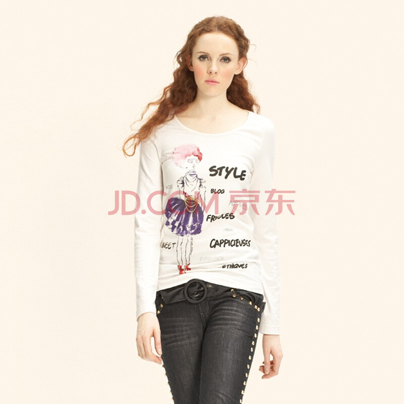 自然元素 秋装米白手绘女孩圆领长袖打底衫T恤
