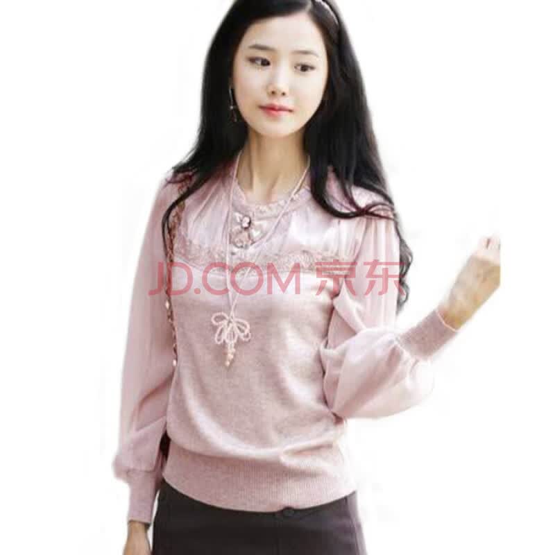 尚贵华<em>新款秋装</em>淑女套头圆领粉色长袖<em>女上衣</em>针