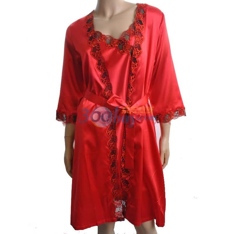 盛拓红色<em>丝绸</em>家居服蕾丝花边两件套<em>睡袍</em>红色x