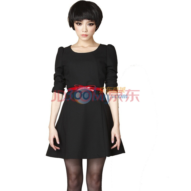 蒂蒂卡娜/TT.COLOR 2012春季新款女装 纯色圆领立体裁剪连衣裙 配腰带S143 黑色 L
