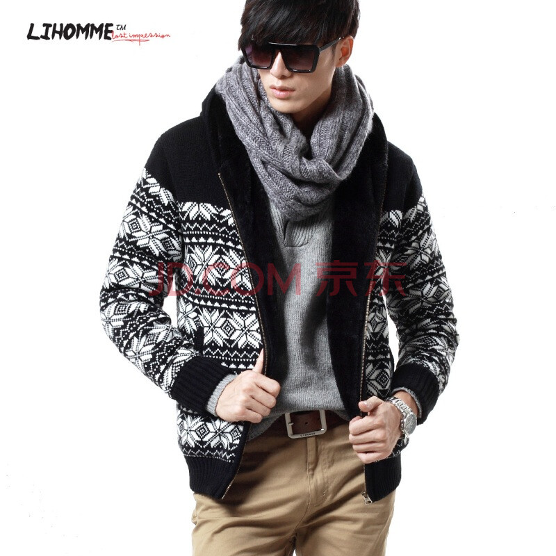 lihomme 2011秋新 绒毛内胆<em>带帽</em>休闲<em>开衫毛衣</em>