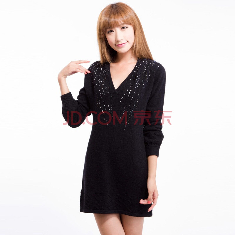 时尚韩版潮流女装中长款v字<em>领毛衣</em>圆领<em>连衣裙</em>