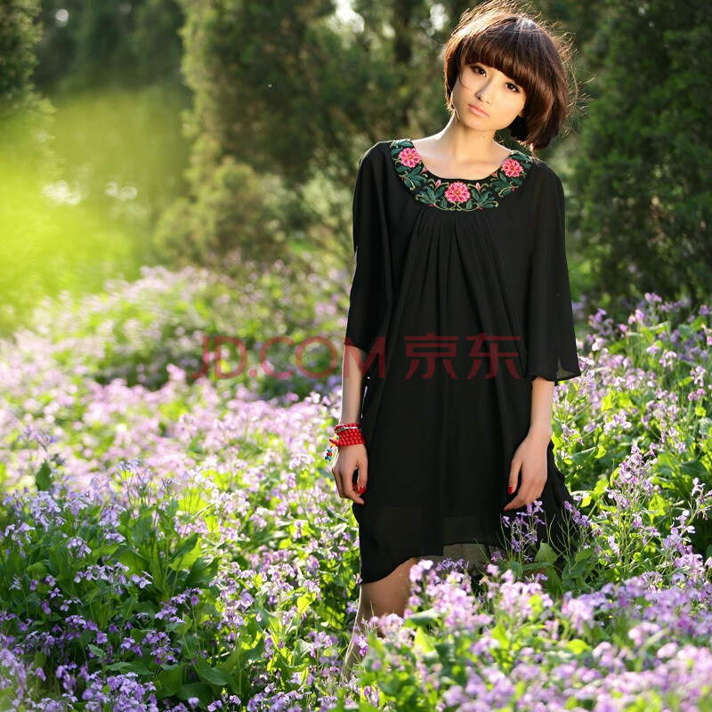 裂帛 2011新品夏绣花领蝙蝠衫雪纺连衣裙4527 黑色 均码