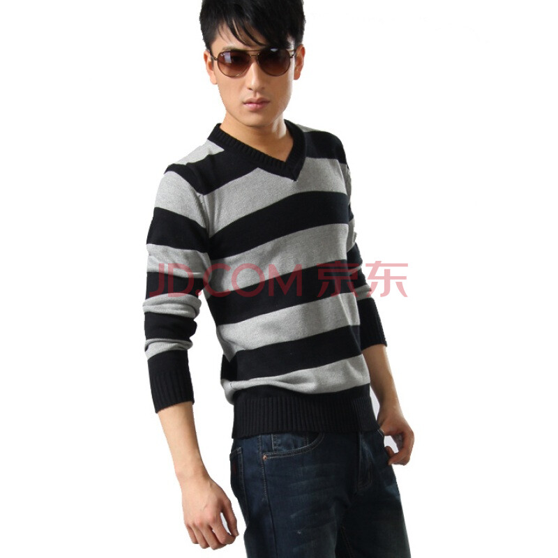 OBM 新款纯棉V领<em>条纹男士毛衣</em>036 黑灰条纹