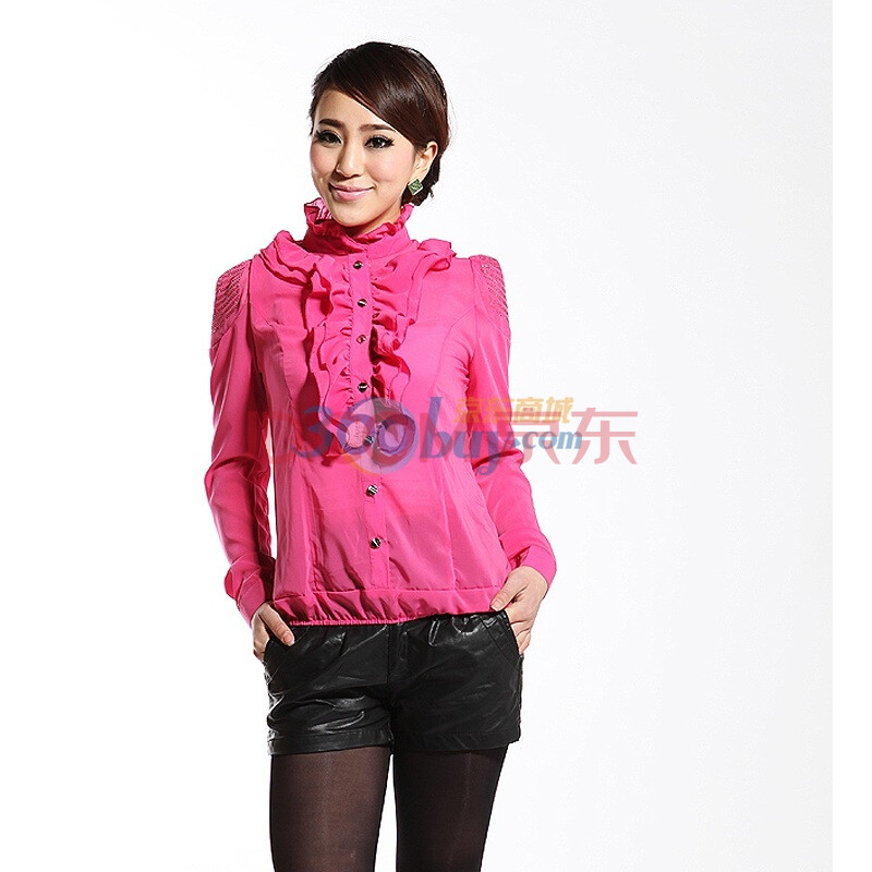 伊雯 2012新款立领荷叶花边雪纺衫衬衫 女CCS1213 玫红 XXL