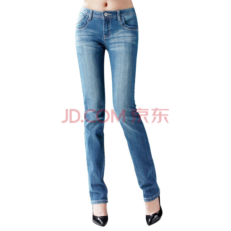 UDOT 磨白水洗 修身百搭经典蓝色中腰弹力小直筒牛仔裤 女u101 中蓝色 25图片