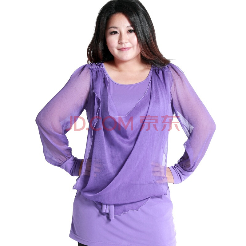 MSSHE 2012新款春装特大码女装胖妞雪纺长袖显瘦T恤衬衫0126 紫色 3XL