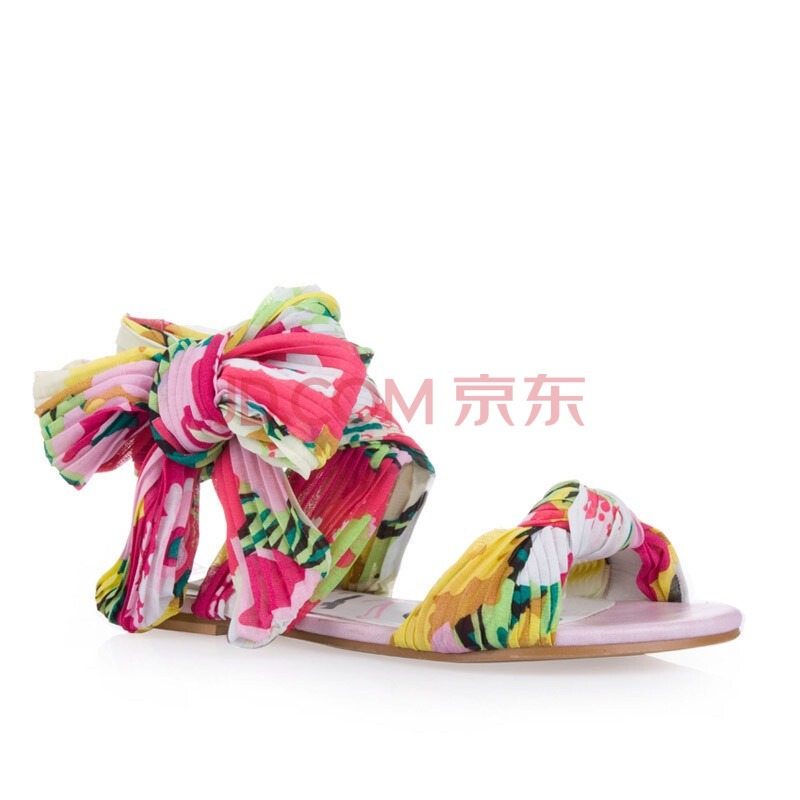SELFTREND  涉趣 波西米亚热情系压皱印花雪纺绑带平跟凉鞋OGX830213 恬美粉  39
