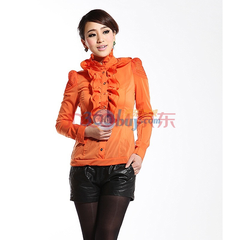 伊雯 2012新款立领荷叶花边雪纺衫衬衫 女CCS1213 桔黄 XXL