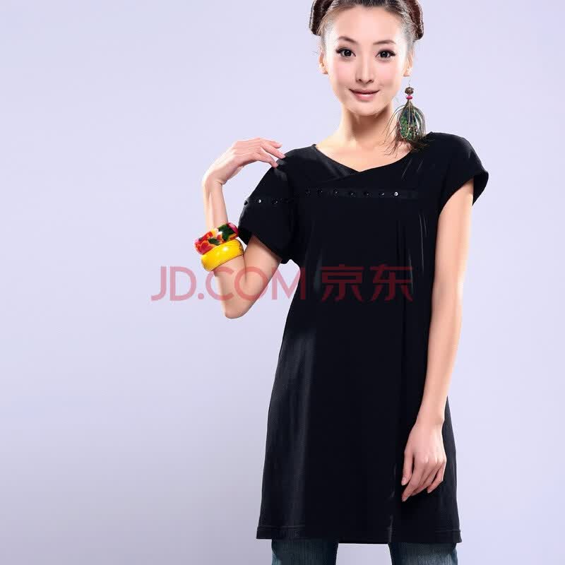 裂帛 2011春夏新款 V领斜 <em>纯黑</em>长款<em>T恤 女</em> 241