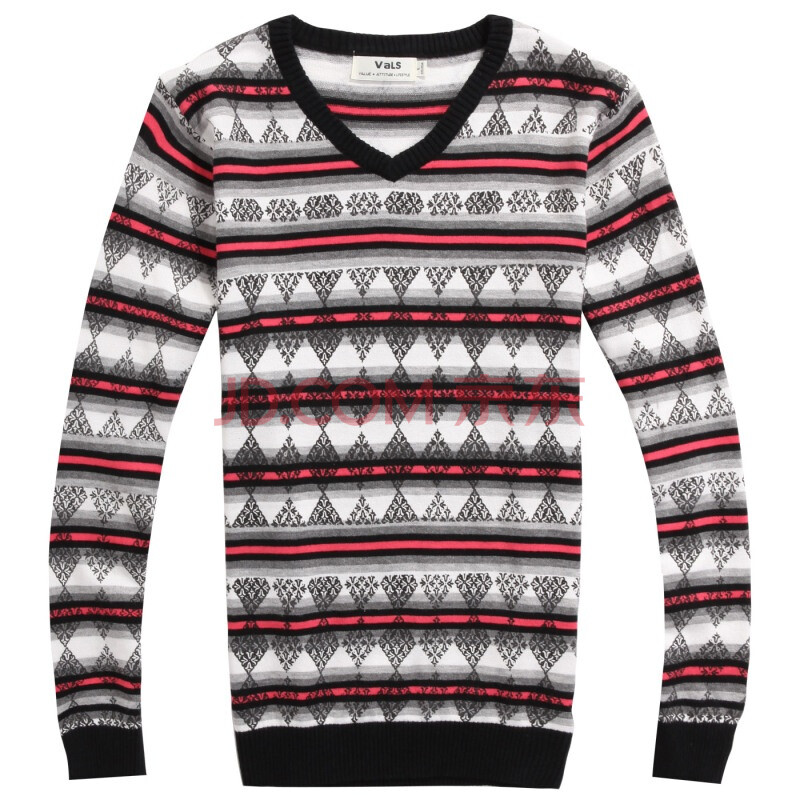 vals菱格方块花纹民族风<em>V领</em>套头毛衫<em>男士毛衣</em>