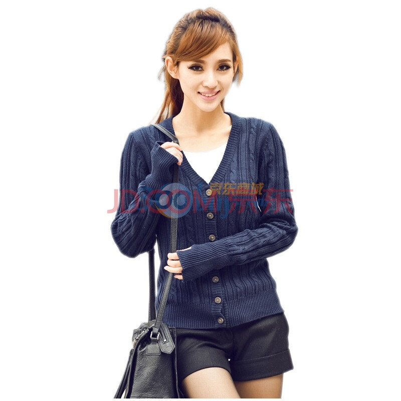 彩·播 CYBO 女装V领纯色麻花针织<em>开衫</em>加厚毛