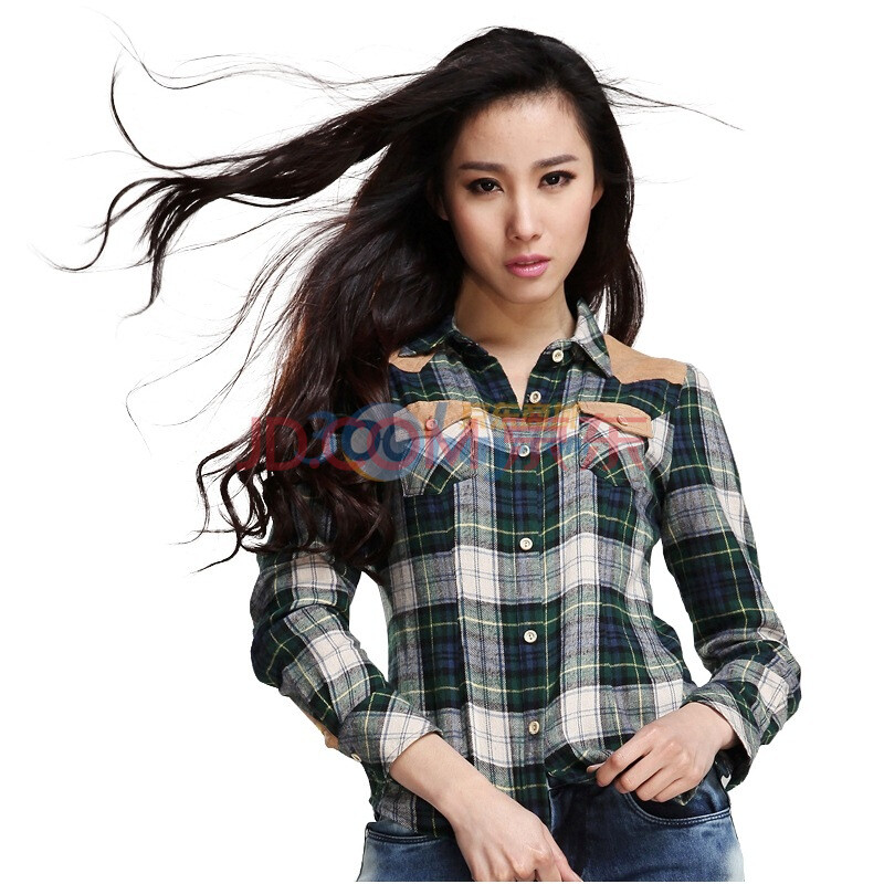 Aozi奥姿 2012春装 新款女装欧美修身翻领长袖格子棉衬衫ZSQY0064 绿色 XL