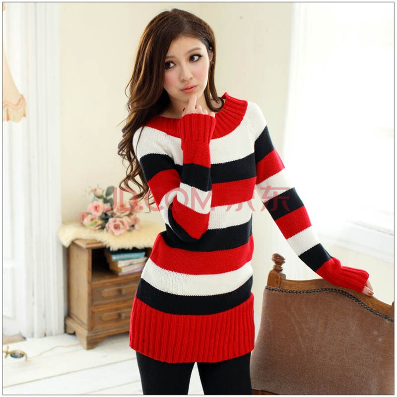 东京着衣 休闲修身<em>女装</em>撞色横条中<em>长款毛衣</em>10